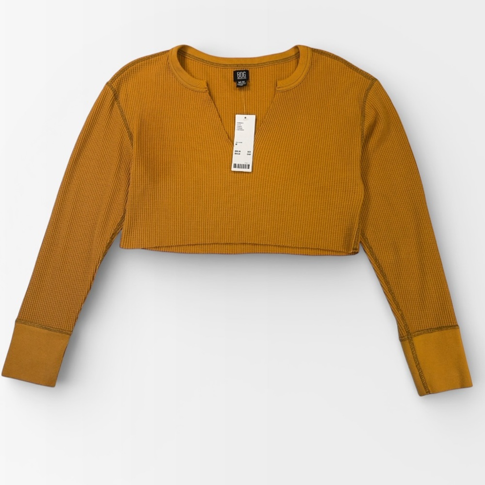 NWT BDG Urban Outfitters Mustard Yellow Waffle Knit Long Sleeve Crop Top MEDIUM